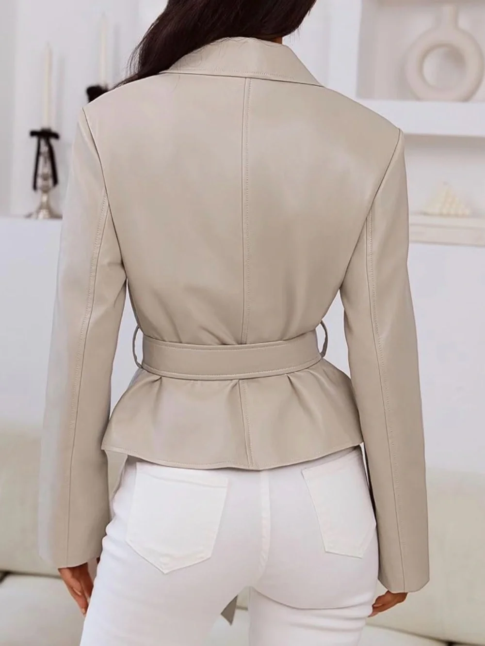 NEVER WORN - Women's Faux Leather Blazer Jacket - Contemporary Belted Coat - Picture 3 of 6